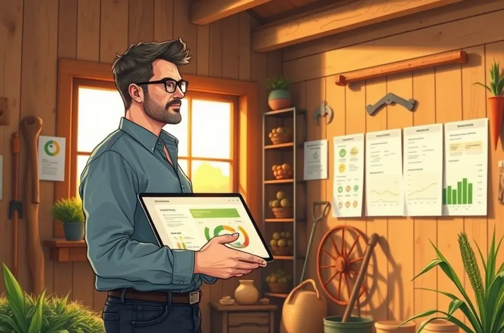 Gestor de marketing do agro com tablet mostrando calendário de conteúdo e visão estratégica.