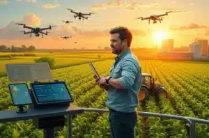 Profissional de marketing agro segurando tablet com gráficos, equipe ao fundo planejando roadmap, vista para áreas agrícolas.