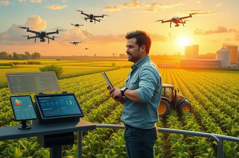 Profissional de marketing agro segurando tablet com gráficos, equipe ao fundo planejando roadmap, vista para áreas agrícolas.