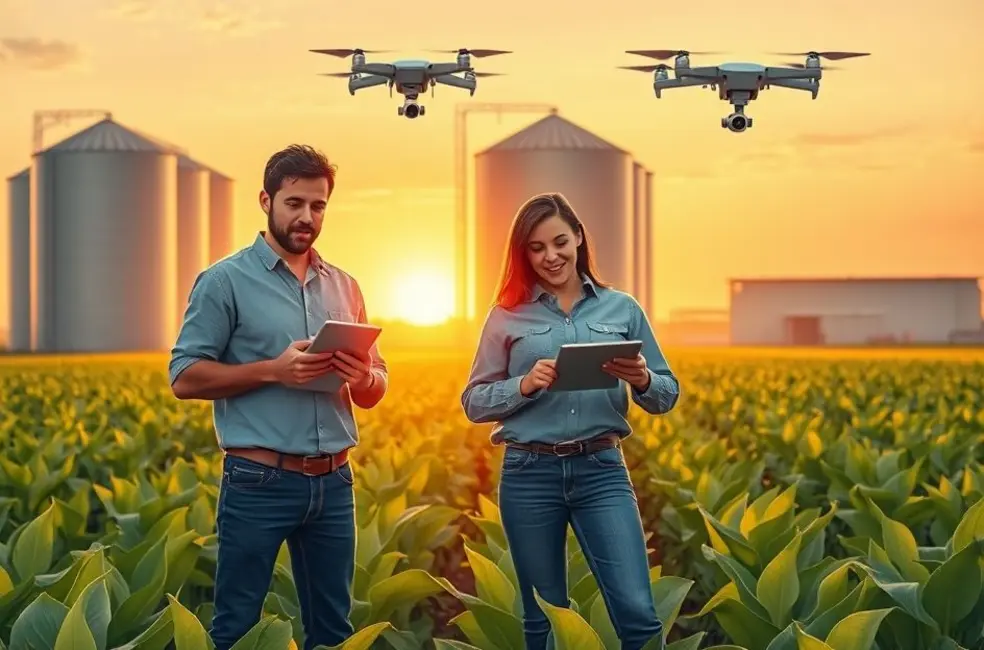 Profissional de marketing agrícola com tablet observando a lavoura e equipe colaborando ao fundo