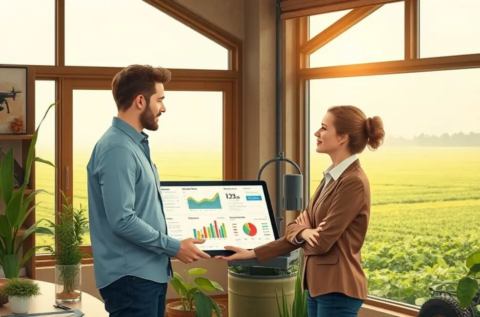 Ilustração de líder de marketing no campo segurando relatório e mostrando gráficos relacionados a engajamento