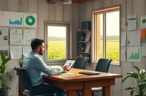 Ilustração de gestor com clipboard olhando para campos, simbolizando controle da execução no agro.