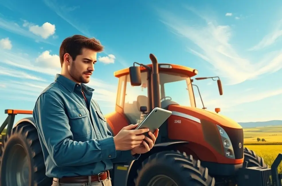 Ilustração de profissional de marketing com rascunhos de copy e vista para campos cultivados.