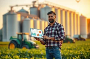 Líder de marketing agro em escritório rural analisando mapas e dashboards digitais, simbolizando criação de motivos para atrair clientes.
