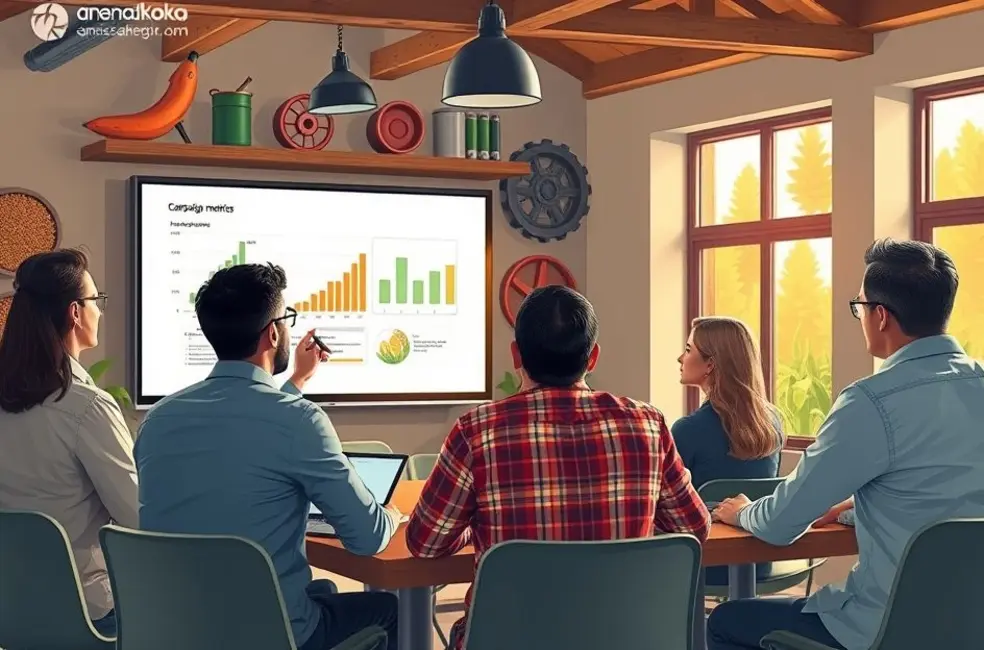 Ilustração de equipe de marketing agro avaliando estratégias de social media com gráficos e dispositivos.