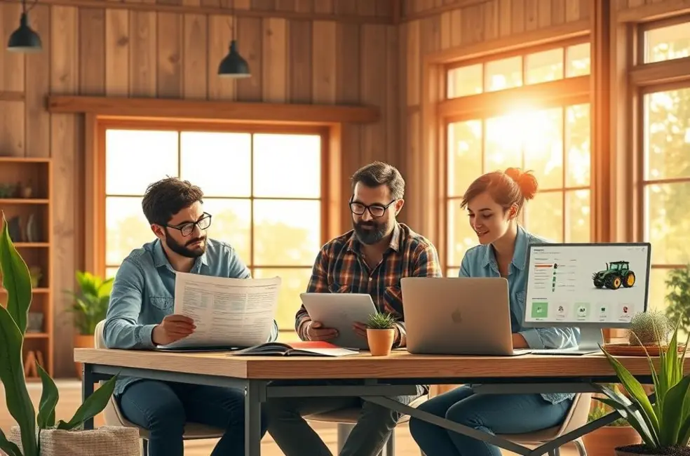 Equipe reunida em escritório agrícola discutindo integração entre CX, UX e UI