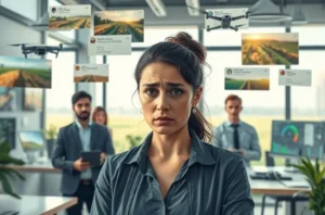 Ilustração de gestor passando responsabilidade para equipe em ambiente rural com maquinário e tablets