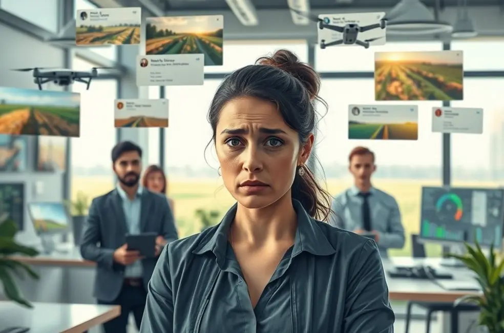 Ilustração de gestor passando responsabilidade para equipe em ambiente rural com maquinário e tablets