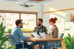 Equipe de marketing reunida revisando descritivos de cargo e métricas em um ambiente com decoração agrícola.