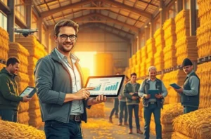 Ilustração de gestor agro fechando diálogo com cliente ao ar livre, simbolizando solução para atrasos.