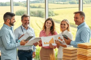 Equipe de marketing e vendas agro comemorando e analisando gráfico de crescimento em ambiente de campo, representando divisão de lucro.
