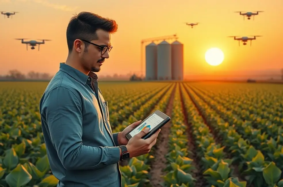 Ilustração de gestor de agromarketing olhando para campos, simbolizando reflexão e autodomínio.