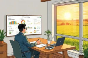 Ilustração de profissionais de marketing agro analisando mapas e gráficos que conectam conhecimento do cliente às decisões de mercado.