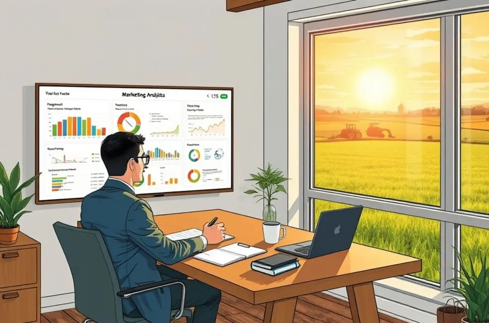 Ilustração de profissionais de marketing agro analisando mapas e gráficos que conectam conhecimento do cliente às decisões de mercado.
