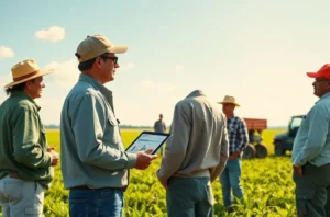 Profissionais de marketing e produtores reunidos à beira de uma lavoura, trocando ideias em ambiente rural.
