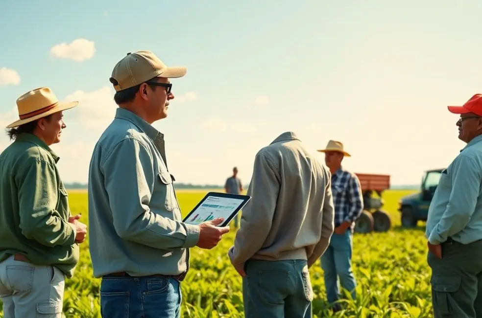 Profissionais de marketing e produtores reunidos à beira de uma lavoura, trocando ideias em ambiente rural.