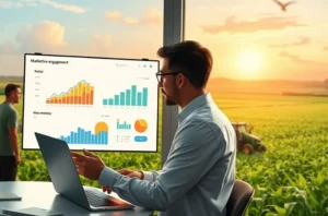 Ilustração de profissionais de marketing no agro planejando campanha com mapas e celulares.