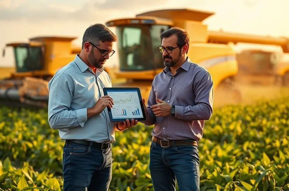 Ilustração de equipe de marketing agro em escritório rural planejando campanhas e analisando mapas de campo.