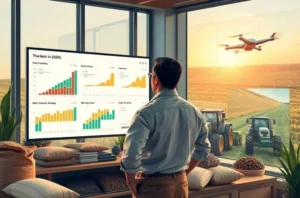 Equipe de marketing agro reunida ao redor de mapas de estratégia, tablets e quadros com KPIs, em uma ilustração detalhada.