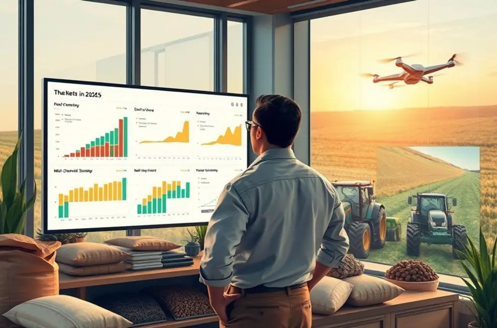 Equipe de marketing agro reunida ao redor de mapas de estratégia, tablets e quadros com KPIs, em uma ilustração detalhada.