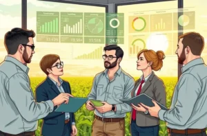 Gestor de marketing agro olhando para um dashboard claro e minimalista, representando priorização e redução de distrações.