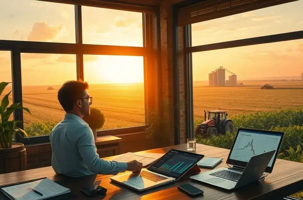 Ilustração de profissional comparando relatório impresso e tablet com analytics em ambiente agrícola.