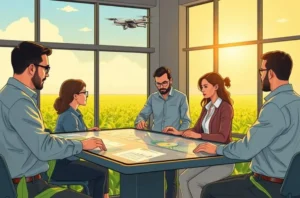 Ilustração de gestor de marketing no agro refletindo com tablet e gráficos em um escritório no campo.