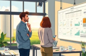 Líder de agromarketing avaliando um quadro de metas e um calendário com três meses restantes.