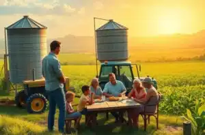 Ilustração de família rural multi-geracional e profissional de marketing reunidos num celeiro, simbolizando conexão entre valores familiares e estratégia.