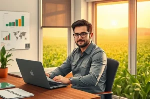 Imagem ilustrativa de negociação agro mostrando profissional apresentando dados e fechando acordos com confiança.