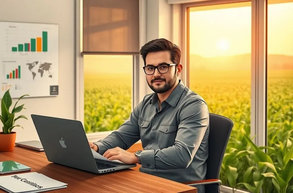 Imagem ilustrativa de negociação agro mostrando profissional apresentando dados e fechando acordos com confiança.