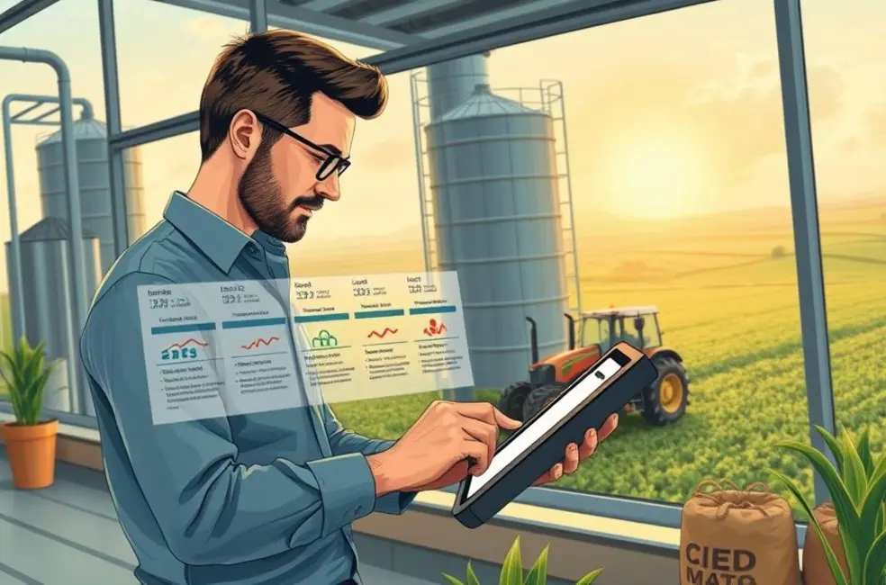 Ilustração de profissionais de agromarketing consultando painel com calendário e métricas para qualificar e agendar ações.