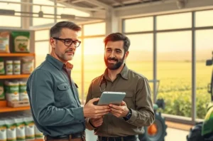 Ilustração de vendedor e produtor celebrando acordo, com elementos agrícolas ao fundo.