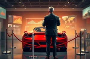 Ilustração mostrando um modelo de Ferrari em destaque com um campo agrícola ao fundo, simbolizando seleção de clientes e reputação.