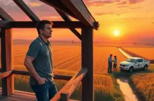 Profissionais de agromarketing e produtores locais conversando ao pôr do sol em área rural da Croácia.