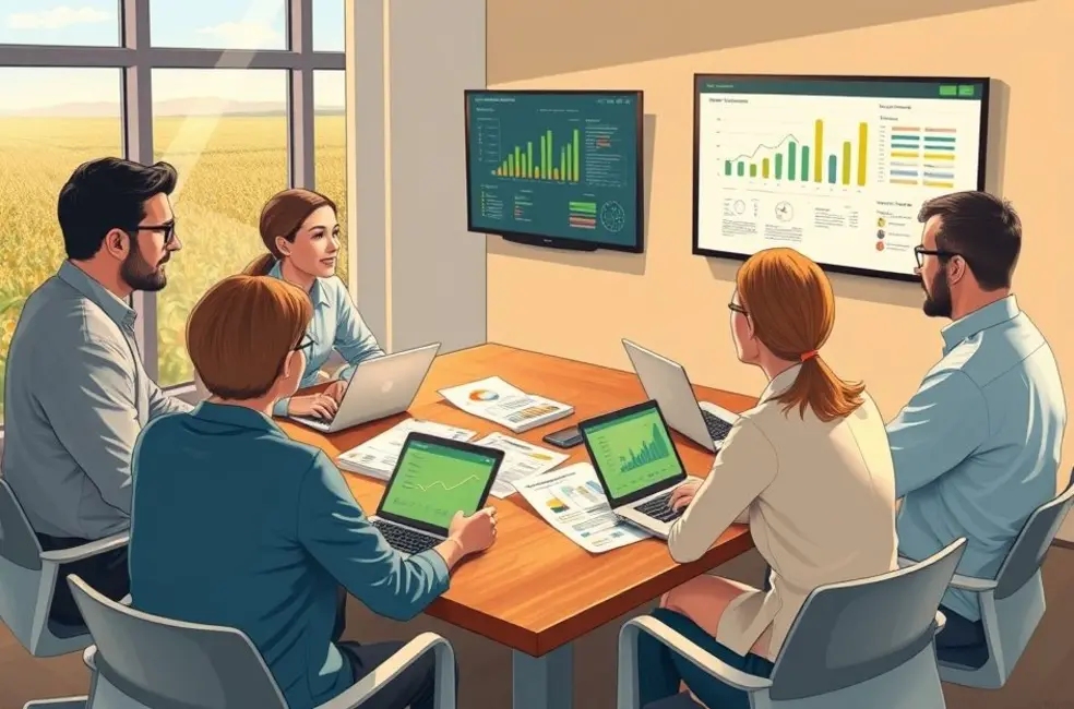 Equipe de crise do setor agro em sala de comando com mapas, checklists e amostras