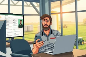 Ilustração de gestor do agro delegando atendimento a um membro da equipe, com CRM e amostras de produtos visíveis.