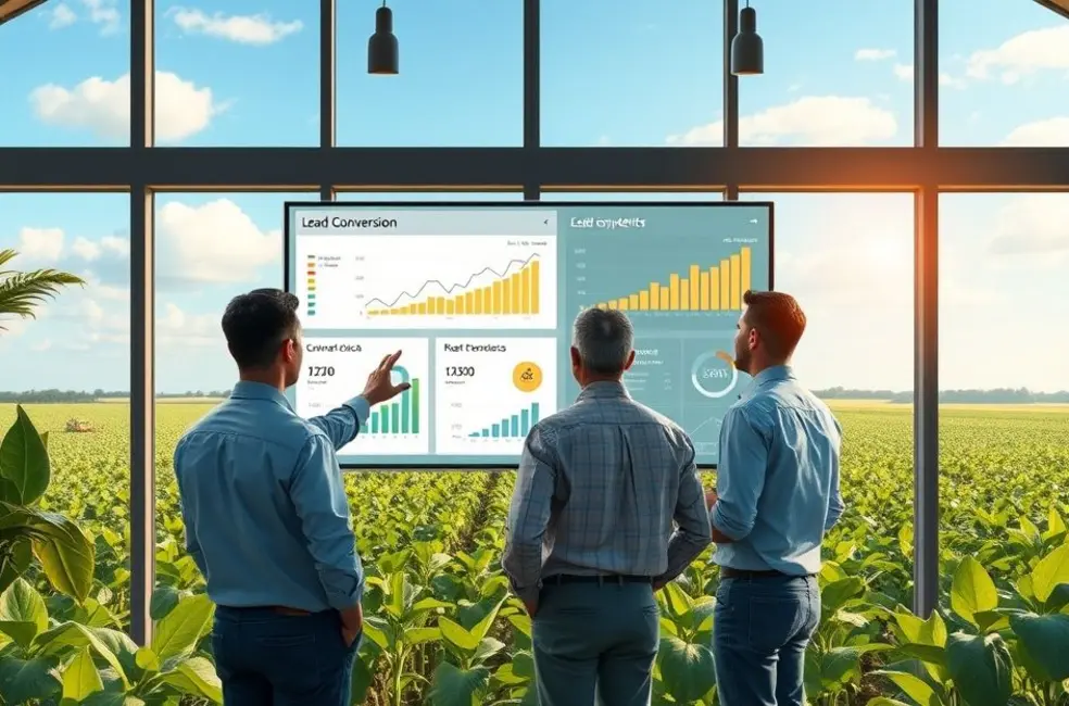 Imagem de capa do guia mostrando profissional de marketing agro em ambiente de escritório rural