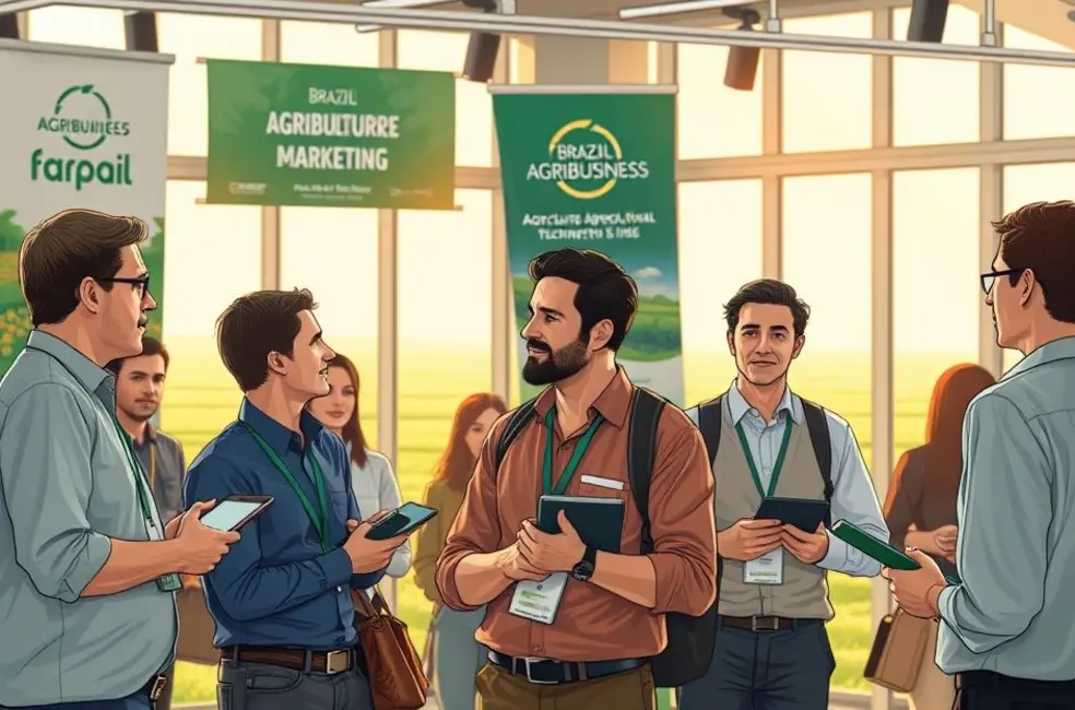 Ilustração de profissionais do setor agro em um evento presencial, trocando contatos e vendo demonstrações.