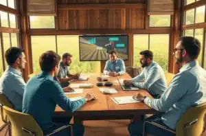 Participantes reunidos em mesa com mapas e post-its, representando a experiência da Imersão EAG para liderança no agro.