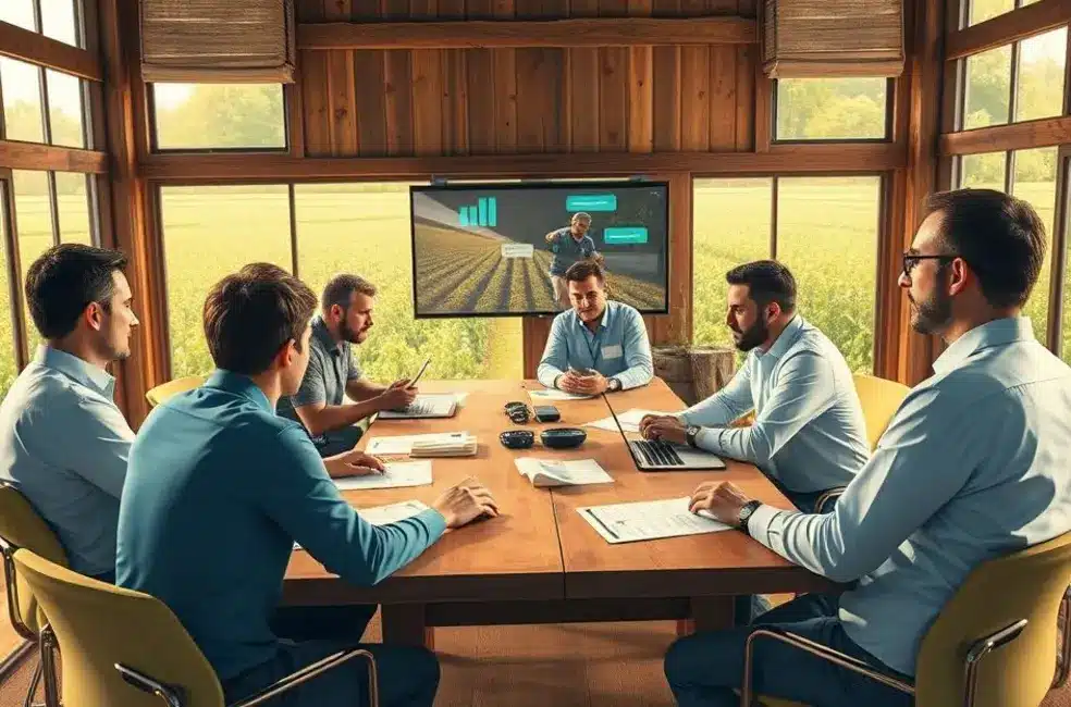 Participantes reunidos em mesa com mapas e post-its, representando a experiência da Imersão EAG para liderança no agro.