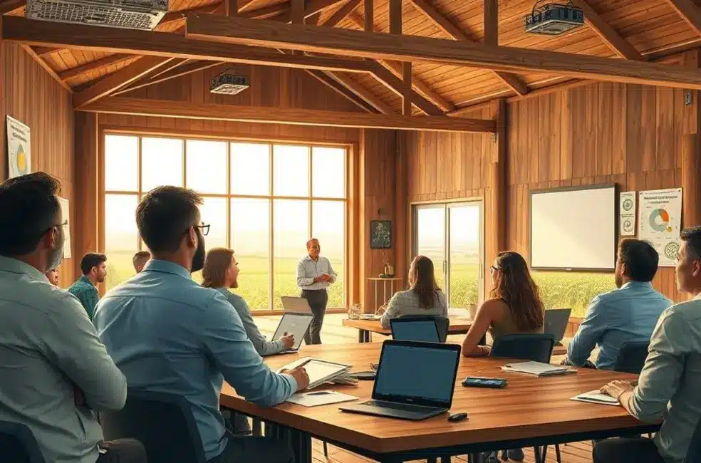 Ilustração de profissionais de marketing agro reunidos em workshop sobre cultura, liderança e gestão.