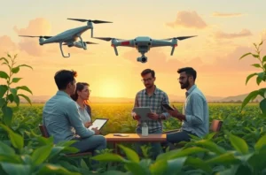 Ilustração de profissionais de marketing agro reunidos em volta de mapas e dashboards discutindo estratégias com IA.