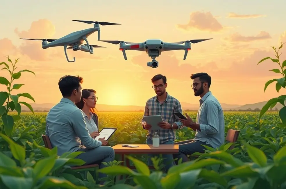 Ilustração de profissionais de marketing agro reunidos em volta de mapas e dashboards discutindo estratégias com IA.