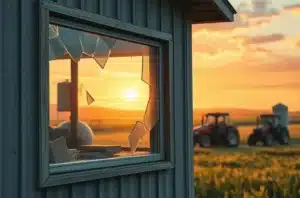 Ilustração de uma janela quebrada em escritório agro, com materiais de marketing e um tablet mostrando métricas.