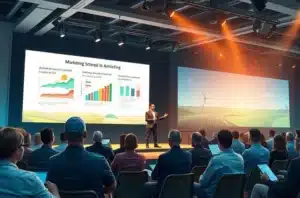 Palestrante no CRM Zummit com slides mostrando tendências de marketing para o setor agro.