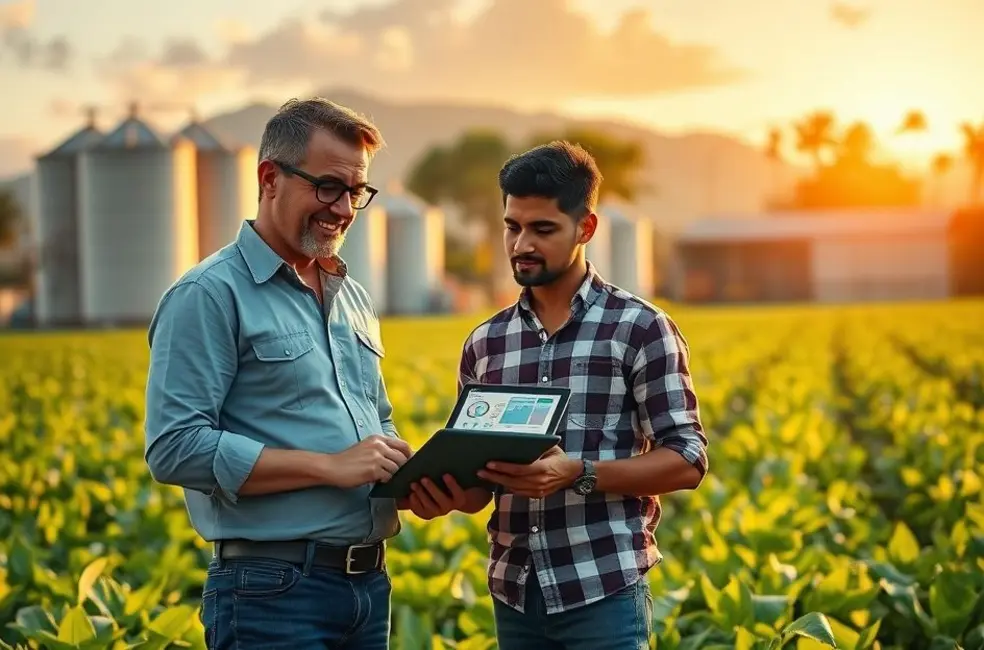 Ilustração de líder do agro com livros, mapas de campo e dashboards em mesa.