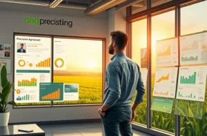 Ilustração de um frasco simbólico emitindo luz representando sensação, com analista de marketing e campo ao fundo