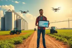 Imagem ilustrativa de profissional de marketing agro com dashboards e vista para campos agrícolas, simbolizando busca por crescimento e uso de IA.