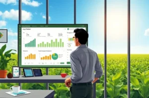 Ilustração de um palestrante no Meeting ESPM Canais Digitais com público de gestores de marketing do setor agro.